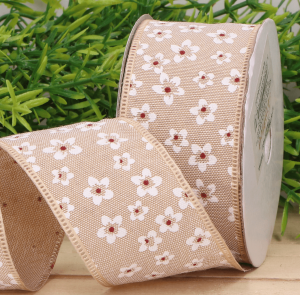 Wstążka w kwiaty beżowa 3,8cm 9m