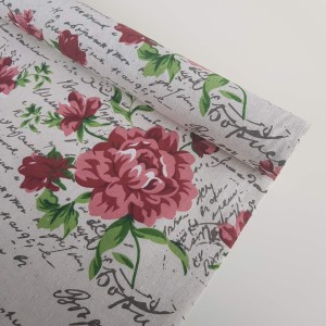 Płótno lniane materiał napisy z różą 48cm 4,5m