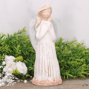 Anioł aniołek gipsowy złożone ręce krem+łosoś 17cm