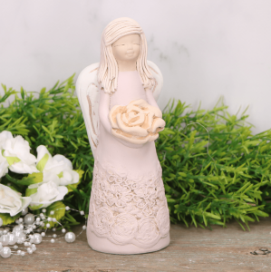 Anioł aniołek gipsowy z kwiatem róż 16cm 