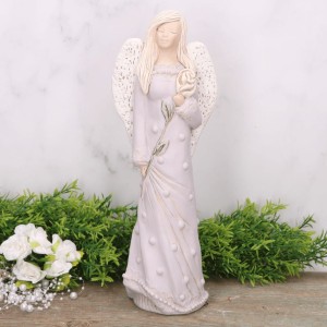 Anioł aniołek gipsowy z różą fiolet 31cm