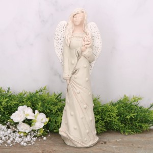 Anioł aniołek gipsowy z różą miętowy 31cm  