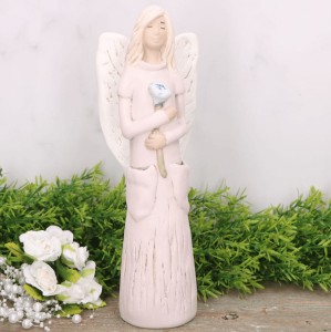 Anioł aniołek gipsowy z kieszeniami i różą różowy 25cm  