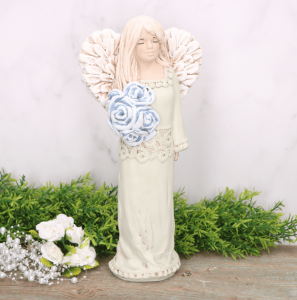 Anioł aniołek gipsowy koronka z kwiatami miętowy 33cm 