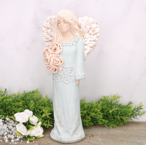 Anioł aniołek gipsowy koronka z kwiatami błękitny 33cm 