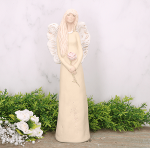 Anioł aniołek gipsowy z różą kremowy 31cm