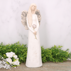 Anioł aniołek gipsowy z różą biały 31cm  
