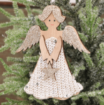 Aniołek drewniany kremowy+złoto cekiny zawieszka 11cm 