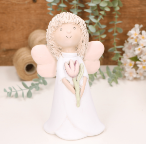 Aniołek dziewczynka z różowym tulipanem 21cm  