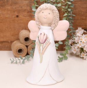 Aniołek dziewczynka z różowym tulipanem 25cm  