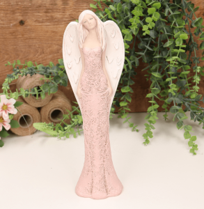 Aniołek ślubny w zdobionej sukni różowy 26cm 