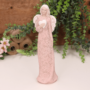 Aniołek ślubny w zdobionej sukni z sercem różowy 25cm   