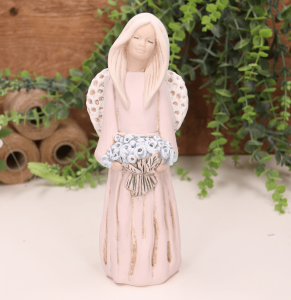 Aniołek dziewczynka z bukietem 23cm różowy