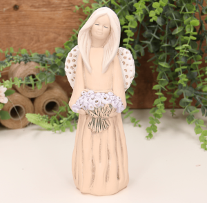 Aniołek dziewczynka z bukietem 23cm brzoskwiniowy