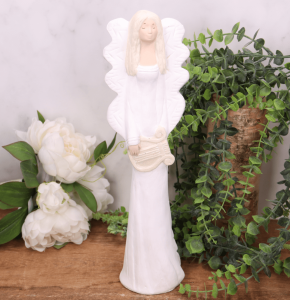 Aniołek gipsowy "POLA" z harfą 38cm biały