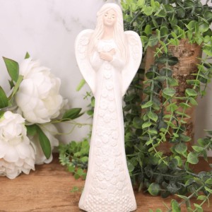 Aniołek gipsowy "FELICJA"  w sukni z kwiatami 30cm biały perłowy