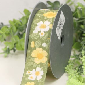 Wstążka tkana w kwiaty zielona 3,5cm x 10m    