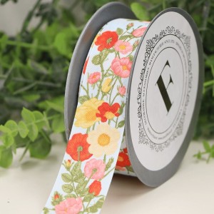 Wstążka tkana w kwiaty błękitna 3,6cm 10m 