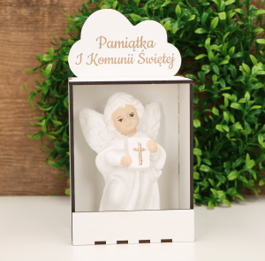 Aniołek "Serafin" komunijny z biblią biel  w opakowaniu 22cm 