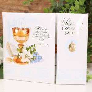 Pamiątka komunijna książka z Hostią niebieska z medalikiem
