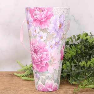 Pudełko ozdobne w kwiaty stożek flowerbox szarość i roż  26cm.