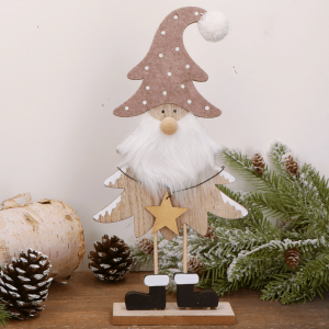 Duży świąteczny skrzat na stojaku z długą kremową czapką 13x5x24,5 cm