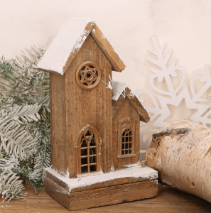 Domek drewniany ośnieżony z podświetleniem na baterie 14*10*32cm+10lampek
