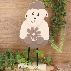 Baran drewniany z kwiatuszkiem krem+brąz 21cm