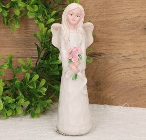 Aniołek figurka z różowym bukietem biały 14cm