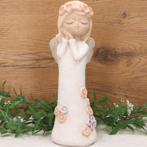 Aniołek gipsowy w białej sukience w kwiaty 25x8cm