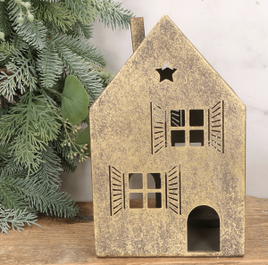 Metalowy lampion-domek - stary złoty blask