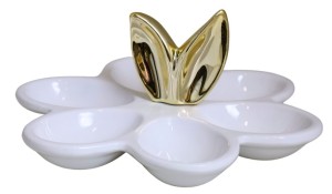 TALERZ CERAMICZNY NA JAJKA BIAŁY ZE ZŁOTYMI USZAMI 18,5x18,5x7,5 cm