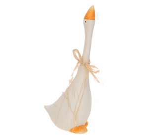 Dekoracyjna gąska z głową w górze, biała z pomarańczowym dziobem i kremową kokardką z trawy (poliresing) 13*10*33 cm