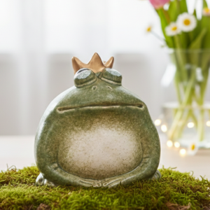 Żabka w koronie (zamknięte oczka) ceramiczna, zielona (mat) 6,3*4,4*5,9cm