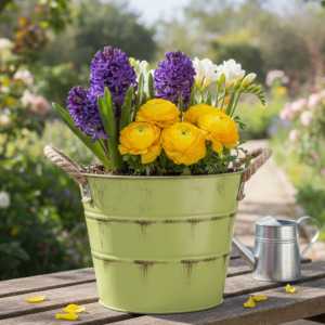 Osłonka metalowa z uchwytami ze sznura zielona przecierana t:11 h:10 b:7.5 cm