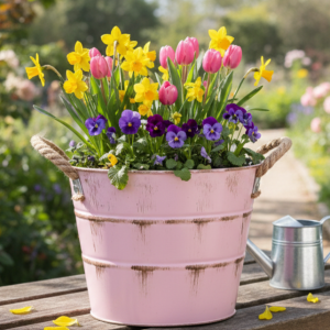 Osłonka metalowa z uchwytami ze sznura różowa przecierana t:18 h:17 b:13 cm