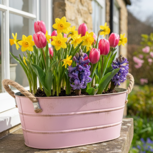 Osłonka podłużna metalowa z dwoma poziomymi pręgami i uchwytami ze sznura różowa przecierana t:25*15 h:10 b:21*11 cm