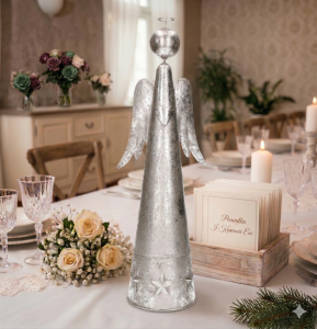 Srebrny metalowy anioł 39,5x13,5x10cm