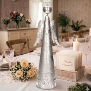 Srebrny metalowy anioł 30x10x7cm