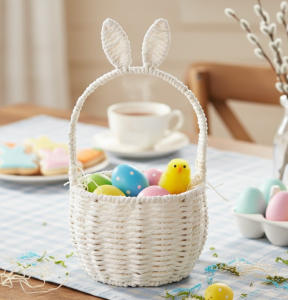 KOSZYK WIKLINOWY BIAŁY Z USZAMI KRÓLIKA 17X11.5X32CM KOSZYK WIELKANOCNY