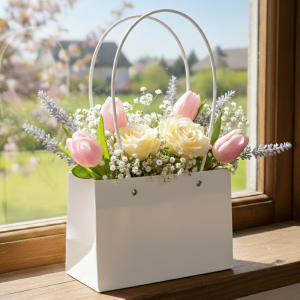 TOREBKA FLOWERBOX PAPIEROWA 21X13,5X10 CM BIAŁA TOREBKA NA KWIATY