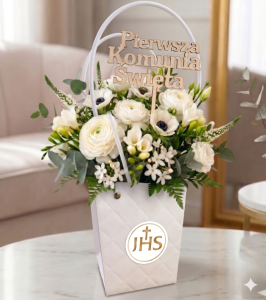 TOREBKA NA KWIATY FLOWERBOX 9,5X13X13 CM BIAŁA PIKOWANA TOREBKA KOMUNIJNA