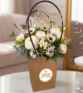 TOREBKA PAPIEROWA NA KWIATY 13,5X15,5X10 CM NATURALNA TOREBKA KOMUNIJNA IHS