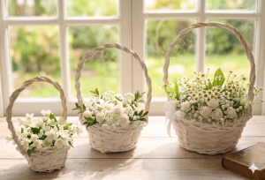 Zestaw koszyków wiklinowych białych z rączką i folią - 3 szt.