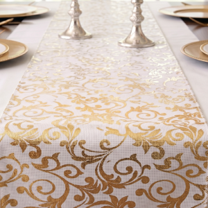 Płótno juta materiał bieżnik biel złoto 48cm 4,5m 