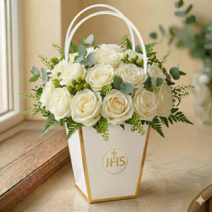 Torebka na kwiaty papierowa ze złotym paskiem  z uchwytem 12,5x12x8cm IHS