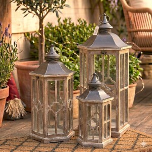 Zestaw 3 latarni drewnianych z metalu i szkła 77,5 i 59 i 41,5 cm