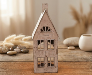 Metalowy domek dekoracyjny z miejscem na tealight – kremowy 23 cm