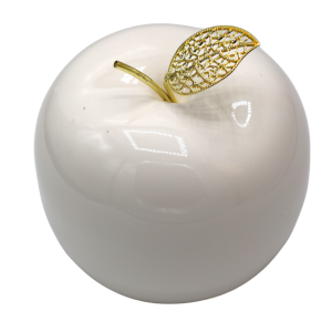 Jabłko ceramiczne z metalowym listkiem białe 12x12x12 cm