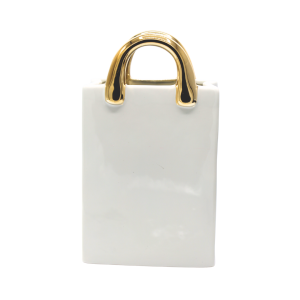Wazon ceramiczny torebka biała ze złotymi rączkami 15,7 x 10,4 x 26,5 cm